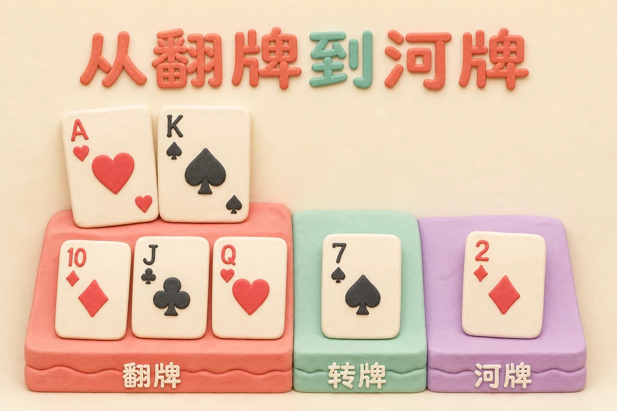 德州扑克翻牌、转牌、河牌三个阶段的公共牌摊开顺序