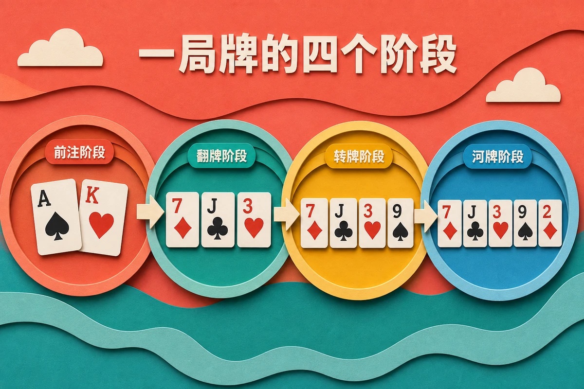 德州扑克一手牌从前注到河牌的四阶段时间线