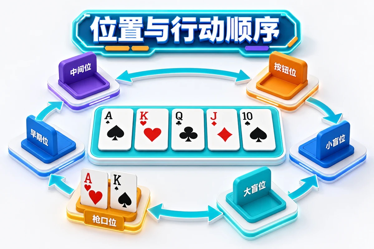德州扑克牌桌六个座位与行动顺序环形图